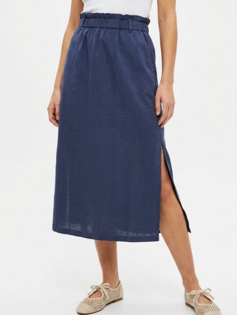 Topshop Lyocell Column Midi Skirt with Paperbag Waist Navy